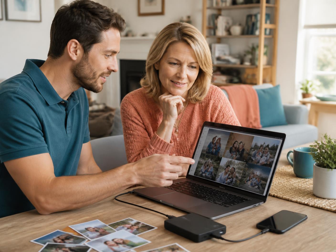 Technician helping a homeowner organize family photos and an external backup drive