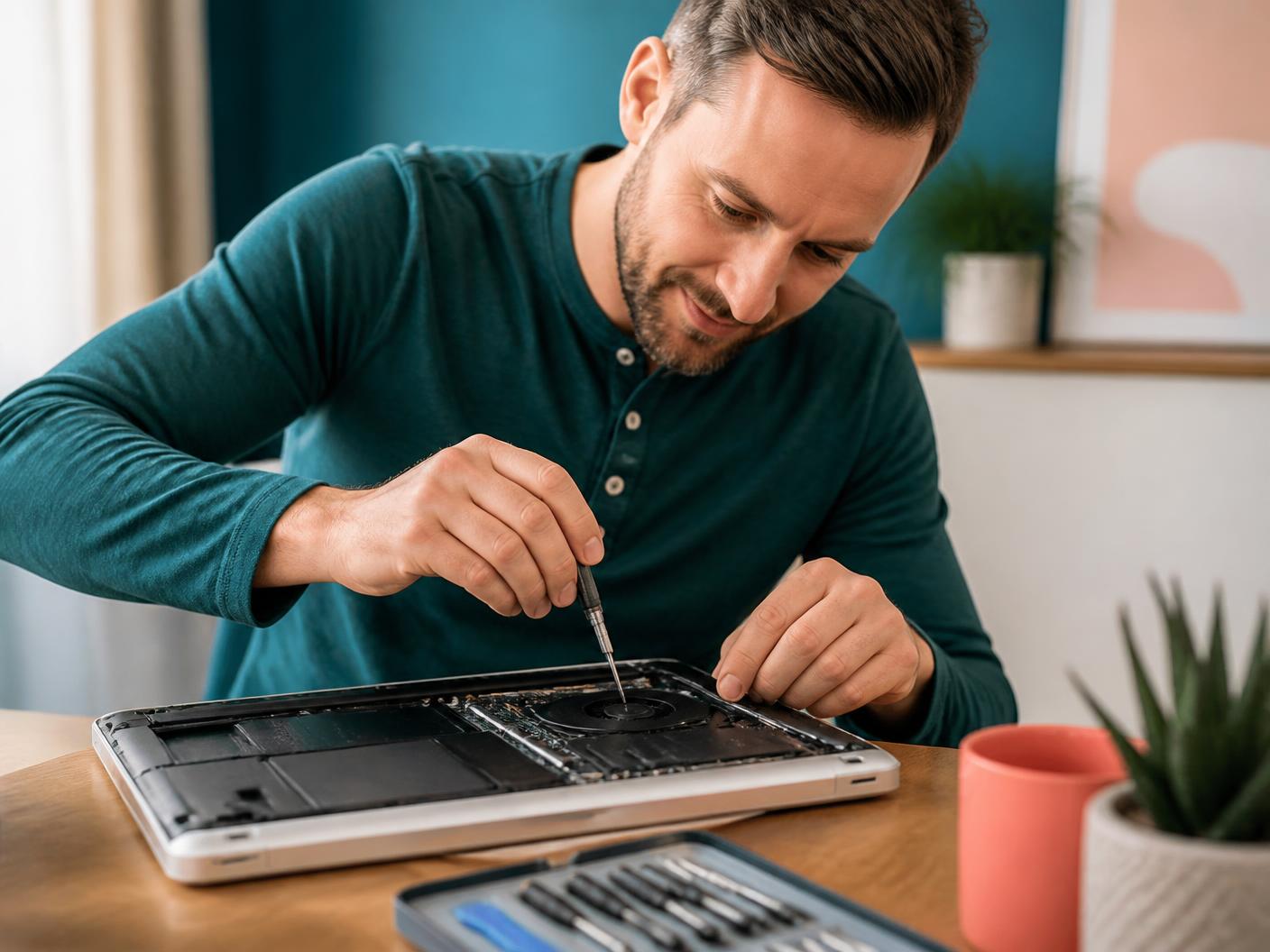 Technician carefully repairing a laptop at a clean work table