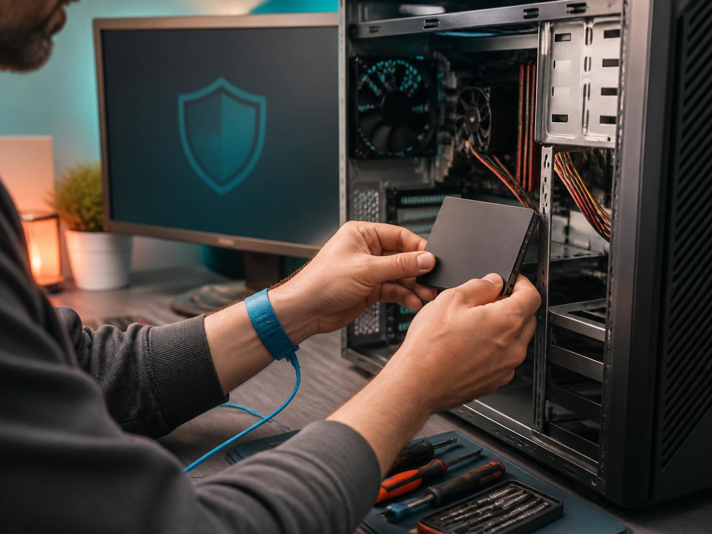 Technician installing a solid state drive in a desktop computer