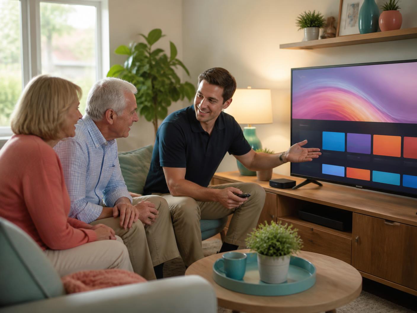 Technician helping a couple set up their smart TV and streaming apps